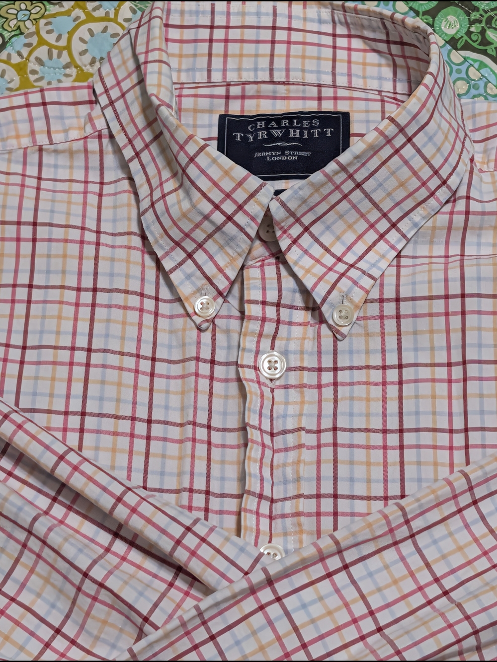 Charles Tyrwhitt White Button-Down Shirt with Red and Light Blue Plaid